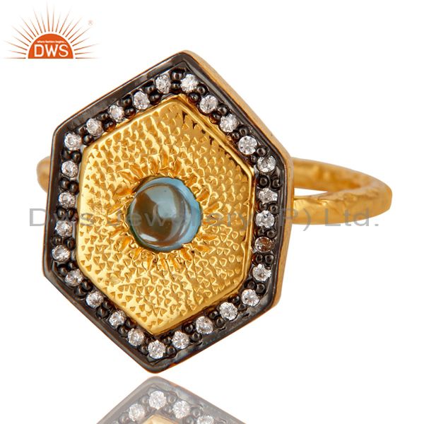 Exporter 18K Yellow Gold Plated Sterling Silver Blue Topaz Hammered Band Ring With CZ