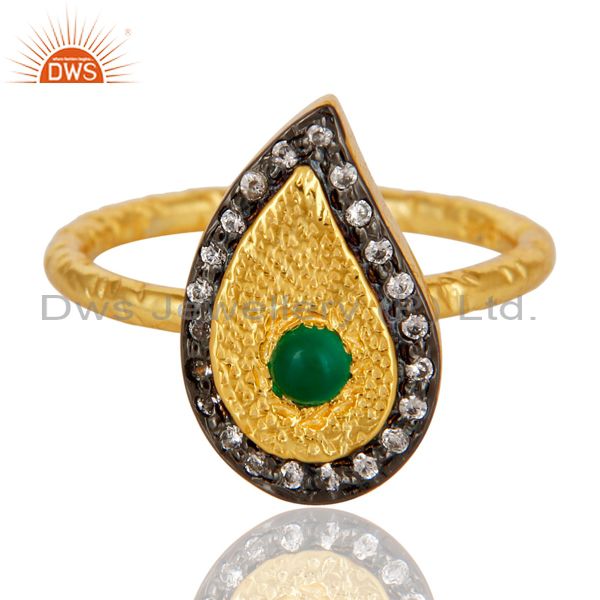Exporter 14K Yellow Gold Plated Sterling Silver Green Onyx Hammered Drop Ring With CZ