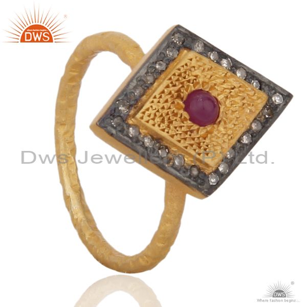 Exporter 18Ct Gold Plated Solid 925 Sterling SIlver Ring Real Pave Diamond Ruby Engagemen