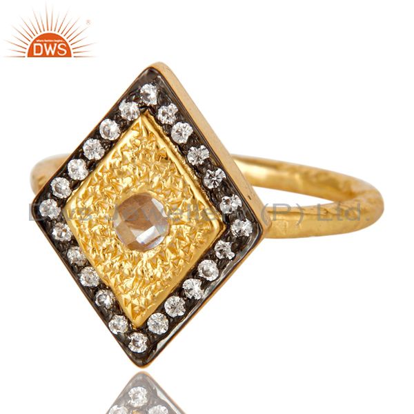 Exporter 14K Yellow Gold Plated Sterling Silver Cubic Zirconia Hammered Statement Ring