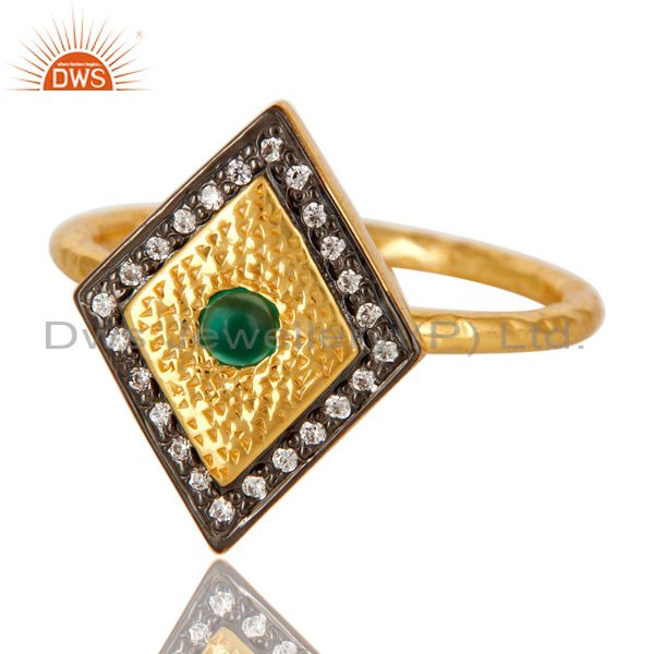 Exporter 14K Yellow Gold Plated Sterling Silver Green Onyx And CZ Hammered Statement Ring
