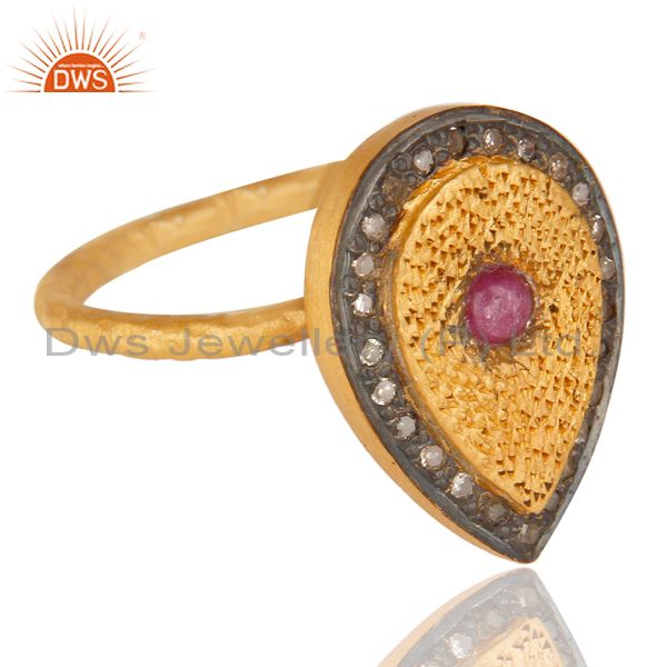 Exporter Ruby Pave Diamond Hammered Band Sterling Silver Ring - Yellow Gold Plated
