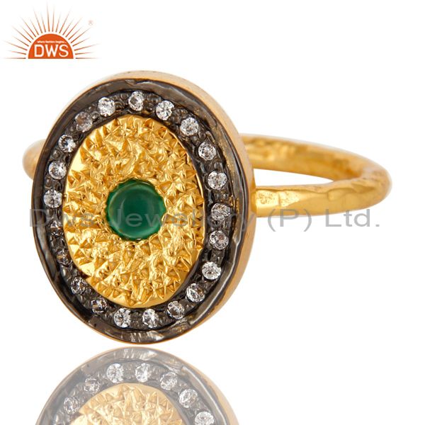 Exporter 14K Yellow Gold Plated Sterling Silver Green Onyx And CZ Hammered Band Ring
