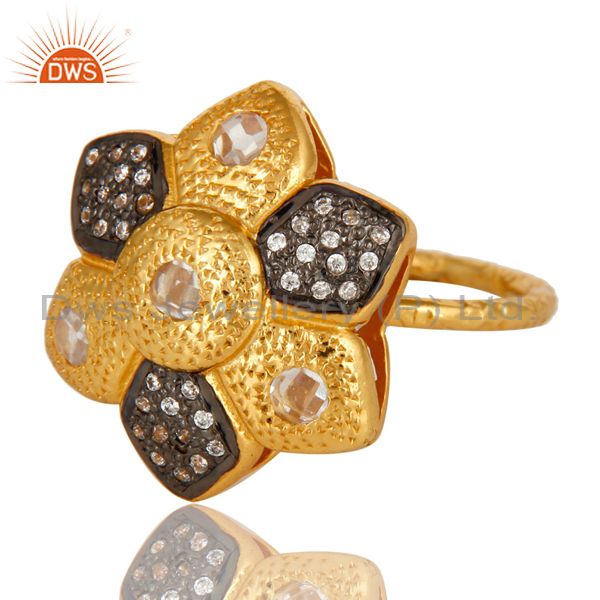 Exporter 14K Yellow Gold Plated Sterling Silver Cubic Zirconia Flower Cocktail Ring