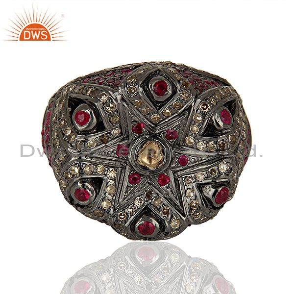 Exporter 925 Silver Pave Diamond Ruby Gemstone Antique Ring Manufacturer