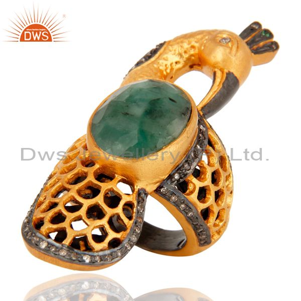 Exporter 18K Gold Plated 925 Sterling Silver Pave Diamond Emerald Peacock Design Ring