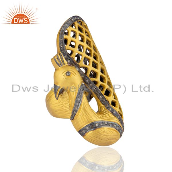 Exporter Pave Diamond Designer Peacock Ring .925 Sterling Silver 18kt Yellow Gold Jewelry