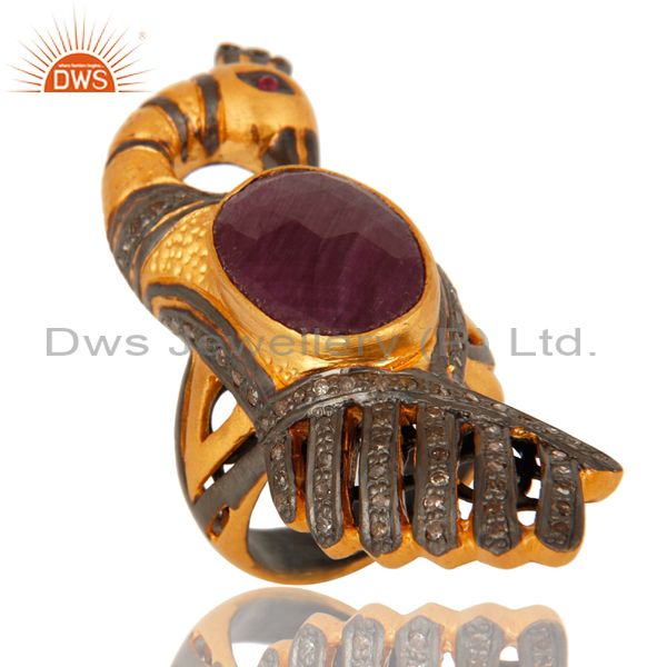 Exporter Ruby And Pave Diamond Peacock Ring In 18K Yellow Gold On Sterling Silver