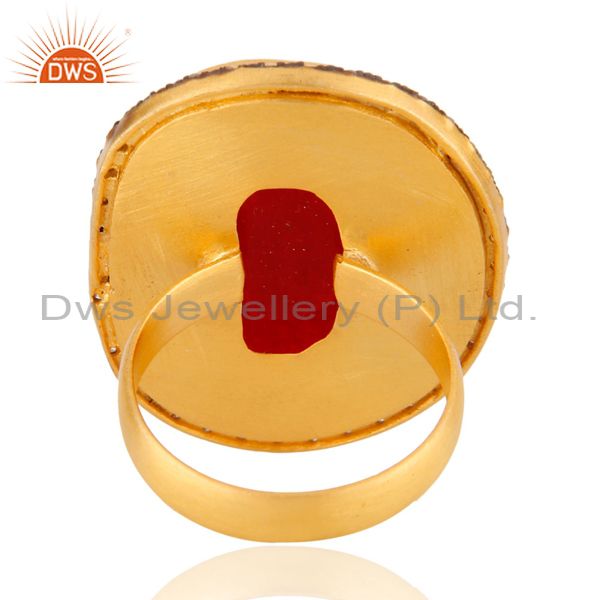 Exporter Faceted Red Aventurine Gemstone 24K Gold Plated Cocktail Ring With CZ