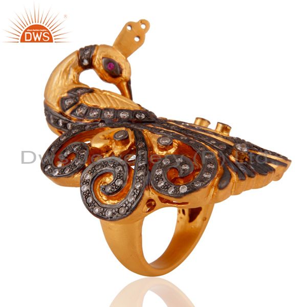 Exporter 18k Yellow Gold Plated 925 Sterling Silver Simulated Diamond Peacock Design Ring