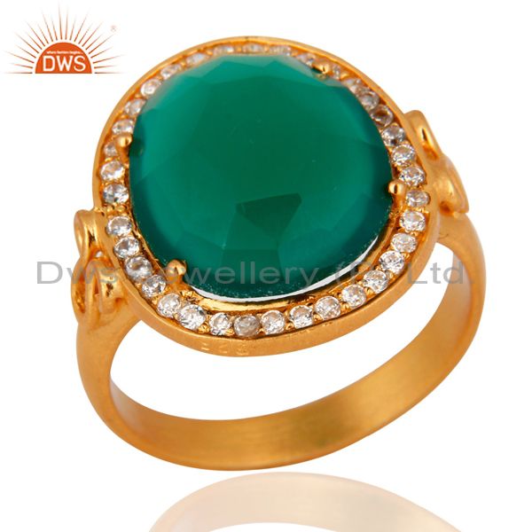 Exporter 18K Gold Plated Sterling Silver Prong Set Green Onyx Ring With CZ
