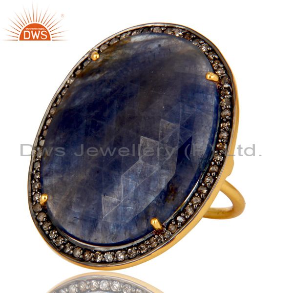 Exporter Pave Diamond And Blue Sapphire Cocktail Ring In 18K Yellow Gold Sterling Silver