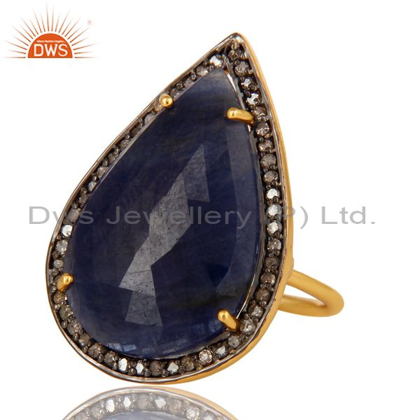 Exporter 18K Yellow Gold Sterling Silver Pave Diamond And Blue Sapphire Stackable Ring