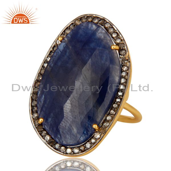 Exporter 18K Yellow Gold Sterling Silver Pave Diamond And Blue Sapphire Cocktail Ring
