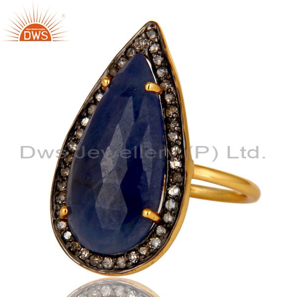 Exporter 18K Yellow Gold Sterling Silver Pave Set Diamond Blue Sapphire Statement Ring