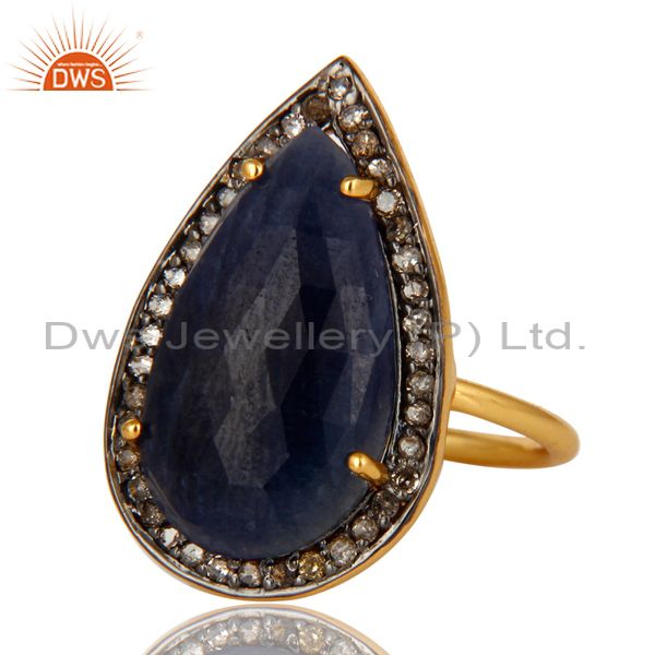 Exporter 18K Yellow Gold Sterling Silver Diamond Pave Blue Sapphire Statement Ring