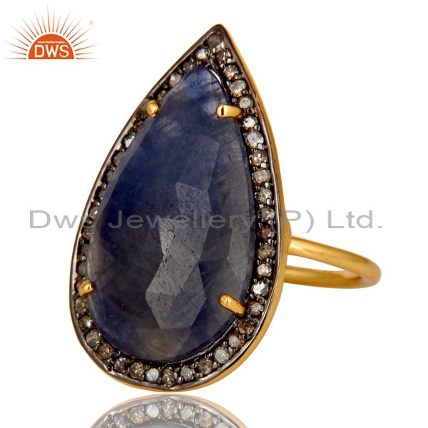 Exporter 14K Yellow Gold Sterling Silver Blue Sapphire Statement Ring With Pave Diamond