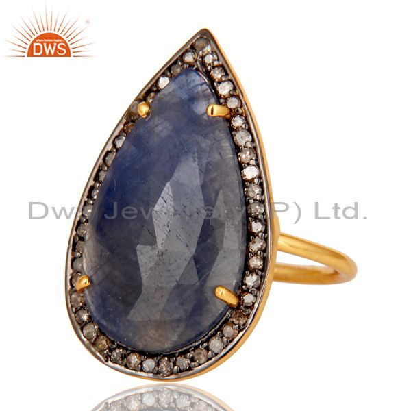 Exporter Blue Sapphire and Diamond Pave Set Gold Plated Sterling Silver Statement Ring