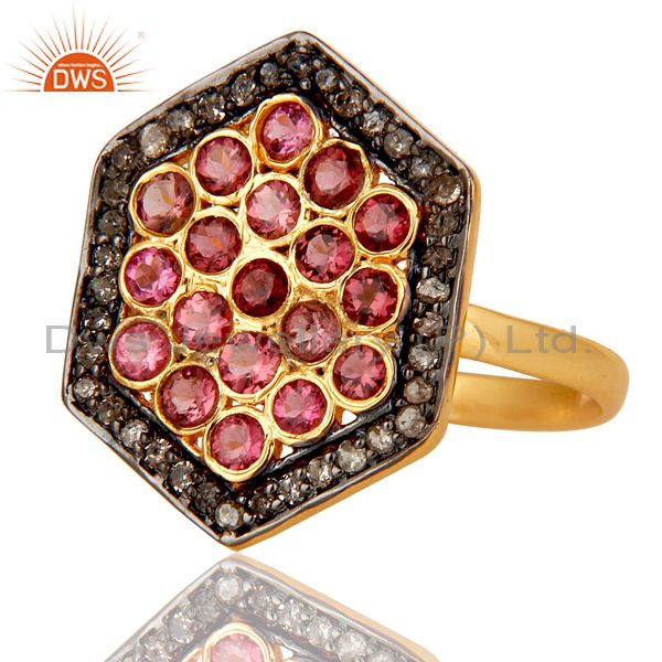 Exporter Natural Pink Tourmaline and Pave Diamond 18K Gold Plated Sterling Silver Ring