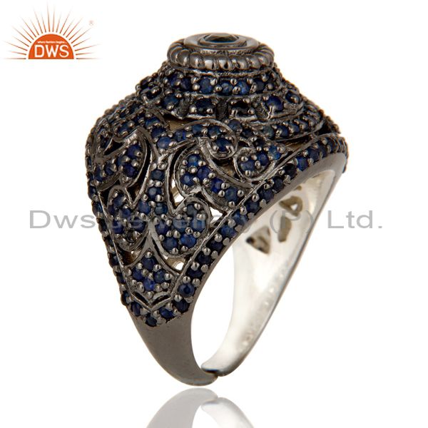 Exporter Pave Setting Blue Sapphire Victorian Estate Style Gemstone Silver Ring