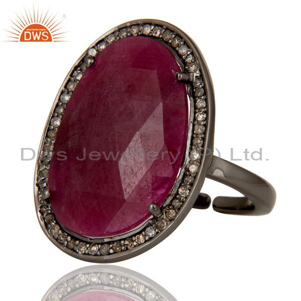 Exporter Pave Diamond and Natural Ruby Black Oxidized Sterling Silver Adjustable Ring