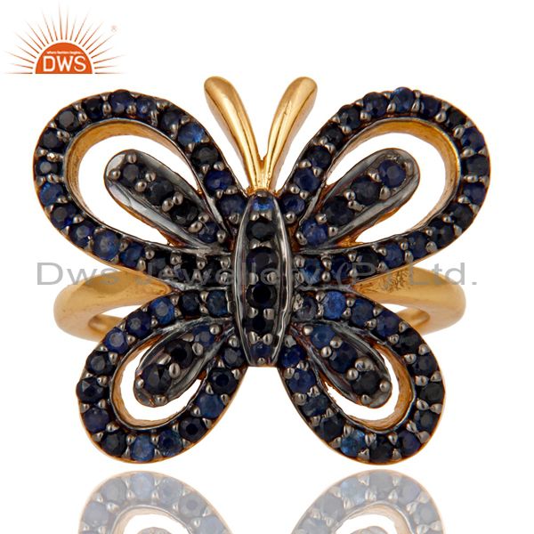 Exporter 18K Gold Plated Sterling Silver Blue Sapphire Butterfly Designer Ring