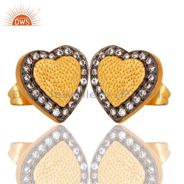 Exporter 18k Gold Plated Unique Heart Shape Design Brass Stud Earrings with White Zircon