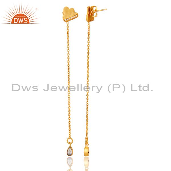 Exporter 18k Yellow Gold Plated White Zirconia Fashion Long Dangle Brass Earrings