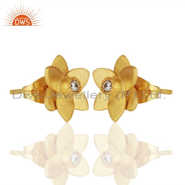 Exporter 18k Gold Plated with White Zircon Flower Design Brass Earrings Jewellery