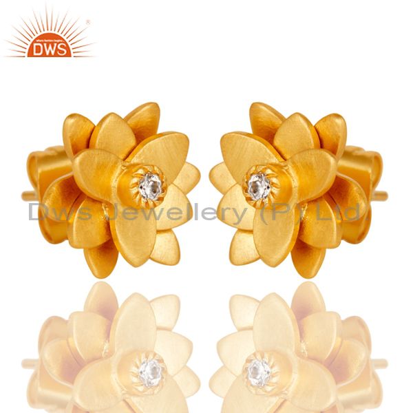 Exporter 18k Gold Plated with White Zircon Flower Design Stud Brass Earrings Jewellery