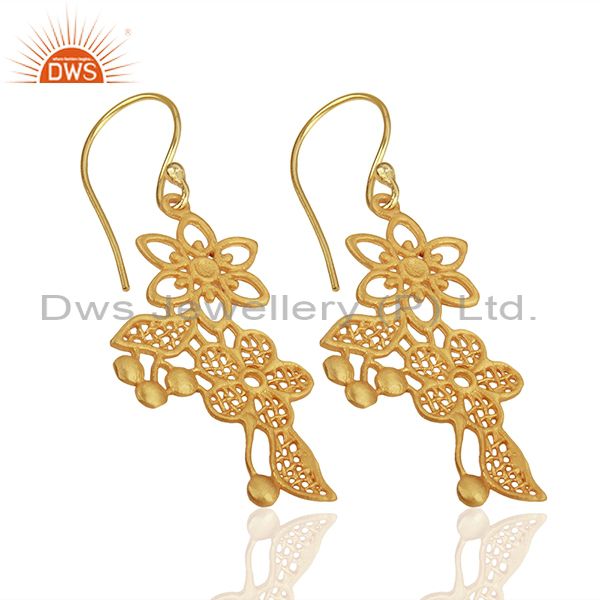 Exporter Flower Carving Shape Traditional Brass Earrings with 18k Yellow Gold Plated