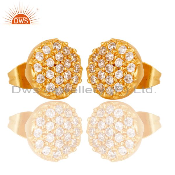 Exporter 18k Gold Plated Simple Round Cut Brass Stud Earrings with White Zircon