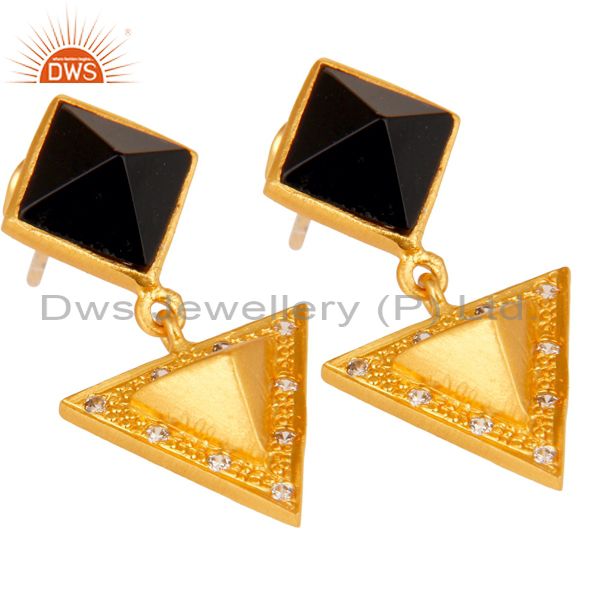 Exporter Black Onyx And Cubic Zarconia Triangle Design Fashion Earrings