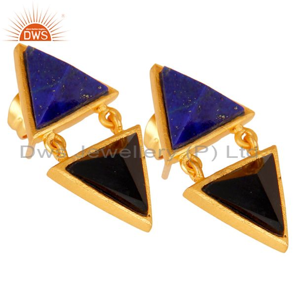 Exporter Handmade Lapis & Black Onyx Tip Top Design Brass Earrings with 18k Gold Plated