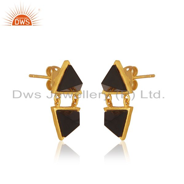 Exporter Handmade Gold Plated Brass Fashion Black Onyx Gemstone Girls Earrings