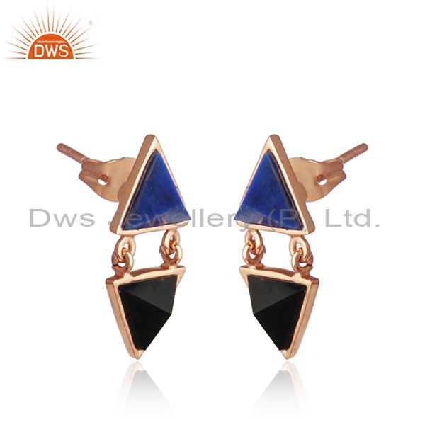 Exporter Black Onyx Lapis Lazuli Gemstone Rose Gold Plated Fashion Earrings