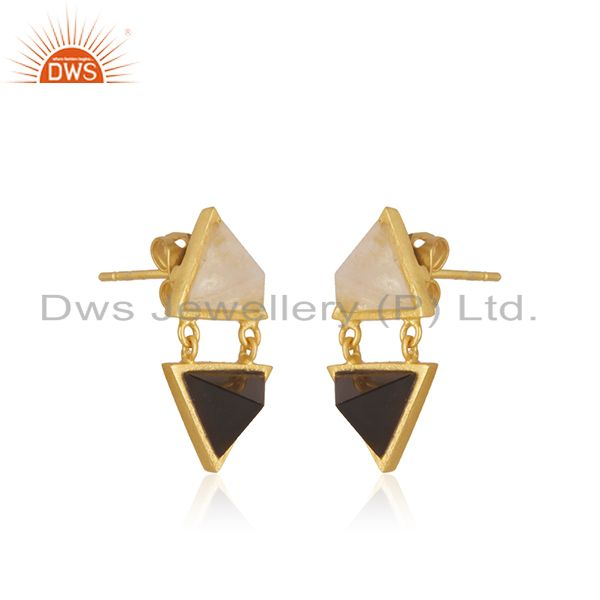 Exporter Rainbow Moonstone and Black Onyx Gemstone Brass Fashion Earrings