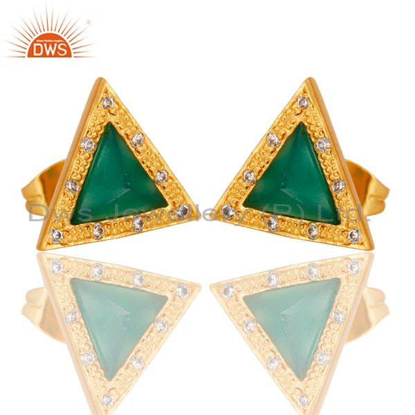 Exporter Green Onyx & Cubic Zarconia Design Brass Stud Earrings with 18k Gold Plated