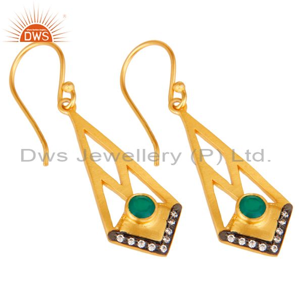 Exporter 18k Gold Plated Traditional Dangle Earrings with Green Onyx & Cubic Zarconia