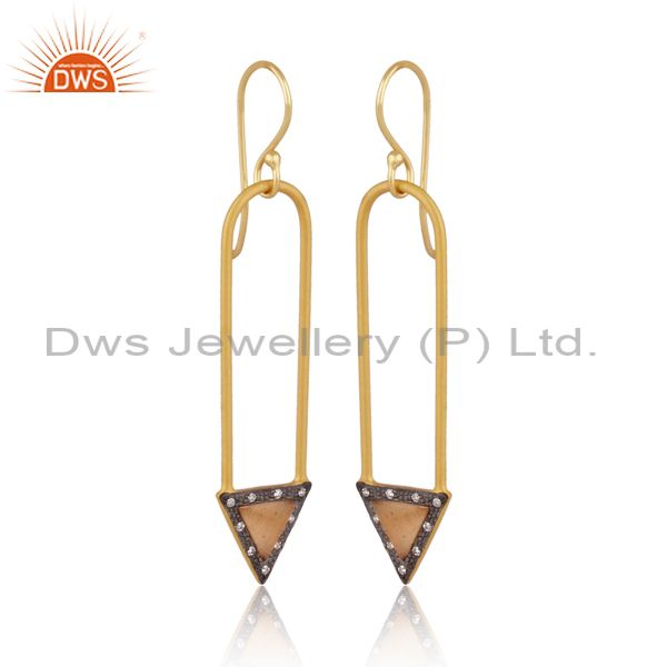 Exporter 18k Gold Plated Moonstone & Zirconia Charm Arrow Design Dangle Brass Earrings