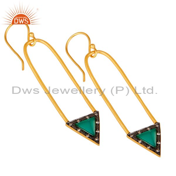 Exporter 18k Gold Plated Green Onyx & Zirconia Charm Arrow Design Dangle Brass Earrings