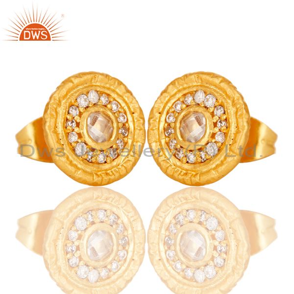 Exporter 18k Gold Plated Round Hanmde Brass Stud Earrings with Cubic Zarconia