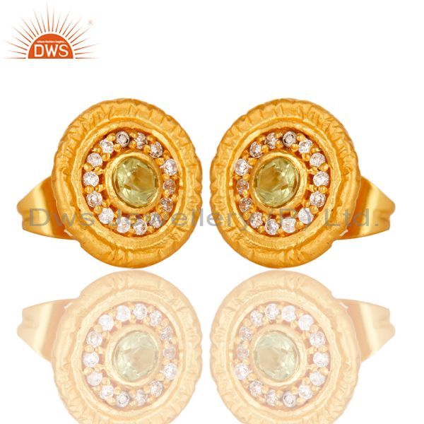 Exporter 18k Gold Plated Round Hanmde Brass Stud Earrings with Peridot & Cubic Zarconia