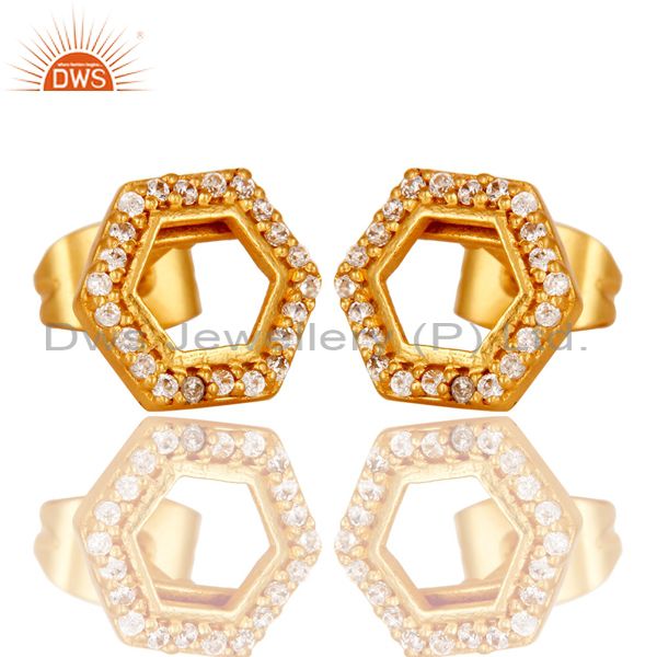 Exporter Octagan Shape Brass Fashion Gold Plated Zirconia Earrings Manufacturer