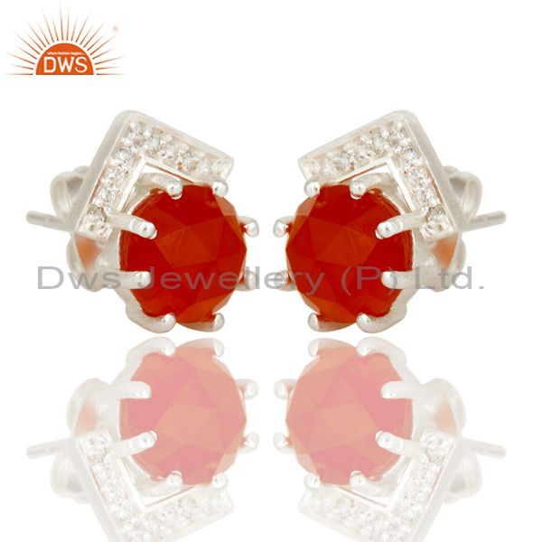 Exporter Carnelian and White Zircon With Sterling Silver Plated Brass Stud Earrings