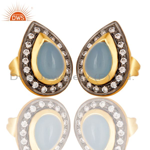 Exporter 18k Gold Plated Handmade Pear Shpe Design Brass Earrings with Chalcedony & CZ
