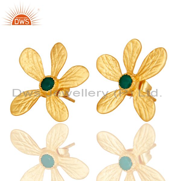 Exporter Handmade 18k Gold Plated Flower Design Brass Studs Earrings With Green Onyx