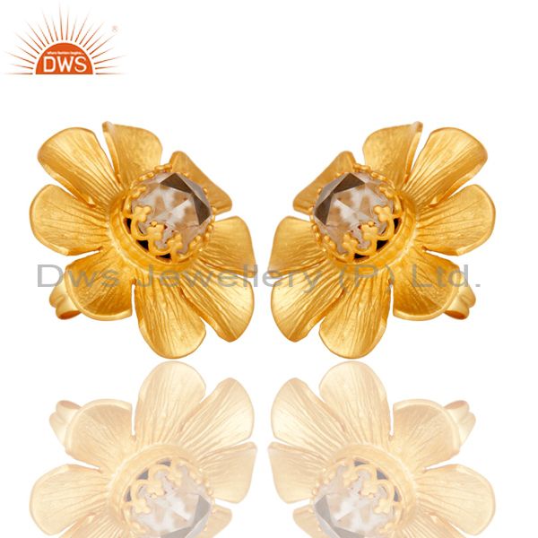Exporter Crystal Quartz Traditional Wide Style Brass Studs Earrings With 18k Gold Plated