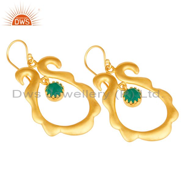 Exporter Amazing 18k Gold Plated Brass Drops Earrings Jewellery With Green Onyx