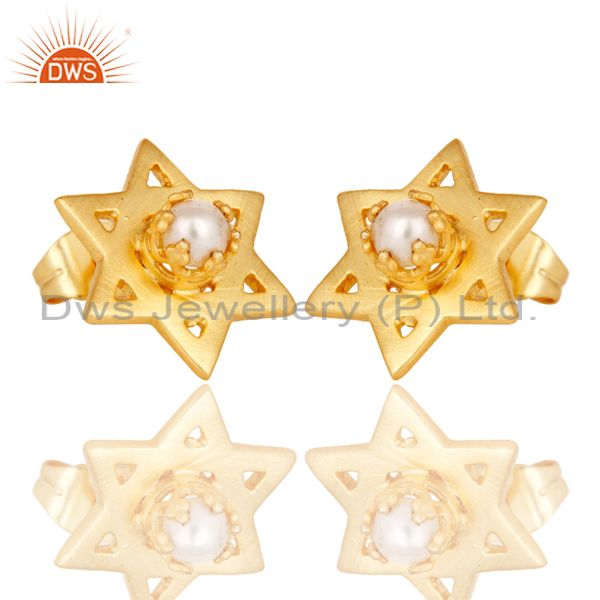 Exporter 18K Gold Plated Handmade Star Design Pearl Brass Studs Earrings Jewellery